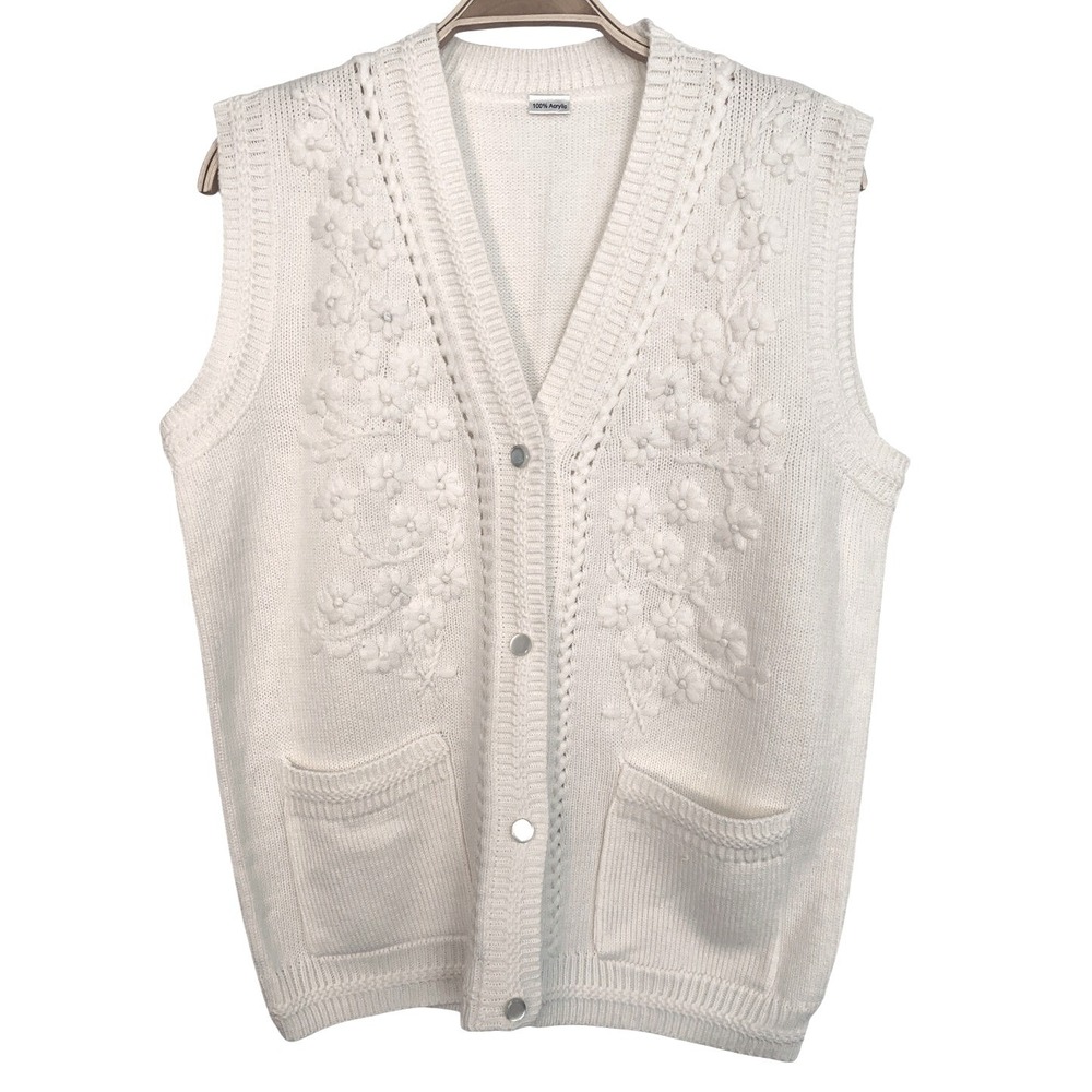 Cream Embroidered Sweater Vest OS Cottagecore Grandma Chic Preppy Cozy Layering - Picture 12 of 15